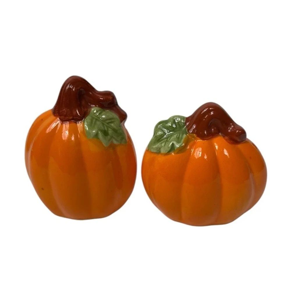 Orange Pumpkin Salt & Pepper Shakers Set Halloween Thanksgiving Autumn Fall D14Q
